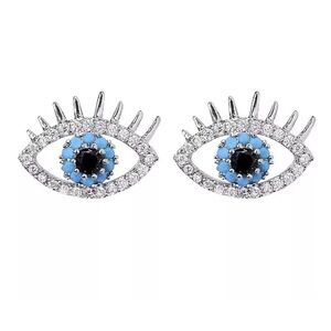 NWOT Evil Eye Shaped Protection Stud Earrings in CZ Micro Pave and Silver Plate